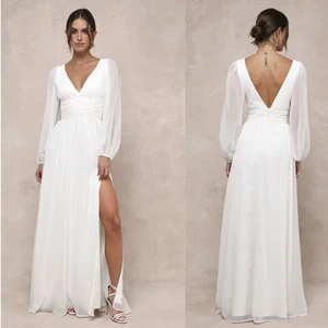 Lulus Enchant My Love White V-Neck Long Sleeve Maxi Dress XS Wedding Bride NWOT - Picture 1 of 8