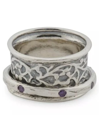 全新带标签 SHABLOOL DIDAE 纯银 925 AMETHYST 旋转戒指 尺寸 6 以色列制造 — 第 1/2 张图片