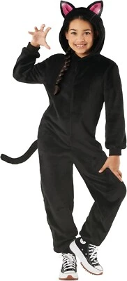 Girls Black Cat Costume Kids Hooded Halloween Jumpsuit + Tail & Ears S - XL - Image 1 of 4
