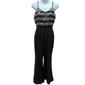 Chaudry Jumpsuit Womens Small Black Silver Sequin Stripes Flare Leg One Piece - Picture 1 of 10