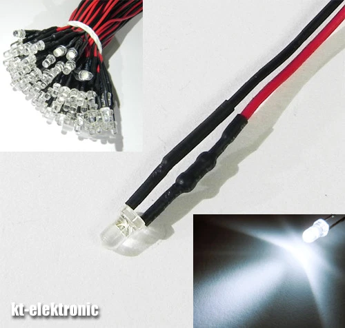 KT-ELEKTRONIC 5 Stück 3mm LED weiß mit 20cm Kabel für 12V DC mit Widerstand fertig verkabelt