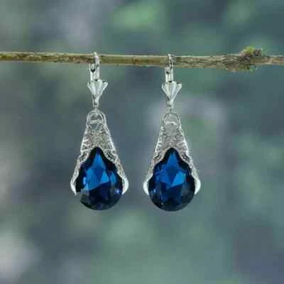 Pendientes colgantes de plata simulados de zafiro azul para mujer joyería de compromiso de boda Foto 1 de 3