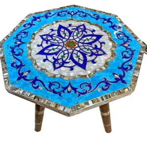 Handmade Wooden End Table Carving Wood Table Home Decor Mother of Pearl Inlay - Picture 1 of 17