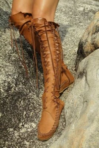 Vintage Damen Over the Knee Stiefel Roma Leder Schnürung Mokassins flache Schuhe - Bild 1 von 22