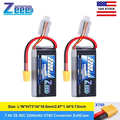 2xZeee Shorty 2S Lipo Battery 2200mAh 7.4V 50C XT60 for 1/16 RC Helicopter Drone - Image 1 of 4