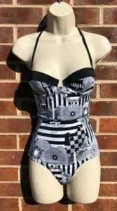 TOPSHOP Swimsuit Swimming Costume Size 6 8 & 10 Black White Geo Print Padded NEW - Picture 1 of 8