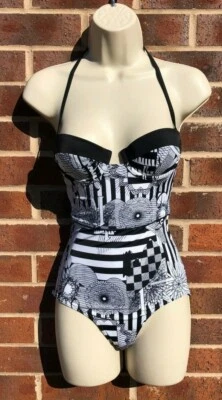 TOPSHOP Swimsuit Swimming Costume Size 6 8 & 10 Black White Geo Print Padded NEW - Image 1 of 4