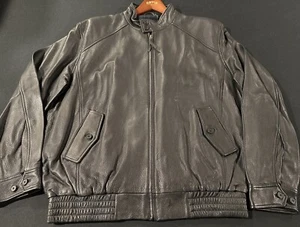 Orvis Men’s Black Leather Bomber Jacket Coat With Plaid Liner Size Large - Picture 1 of 7