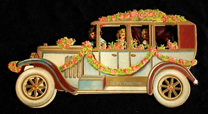 Large 12" Vintage German Valentine Card Stand-up Die Cut Automobile w Children - Picture 1 of 11
