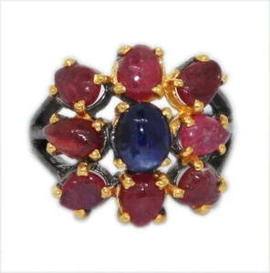 Natural Ruby & Sapphire Cocktail Ring 925 Sterling Silver Black Oxidized Ring - Picture 1 of 9