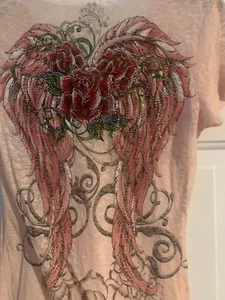 T-shirt donna in vena pinlk ali d'angelo e strass rosa aderente trasparente S - Foto 1 di 4