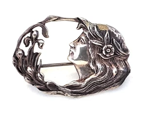 Art Nouveau Silver Pin Lady & Irises 30x22MM Hallmarked - Picture 1 of 10