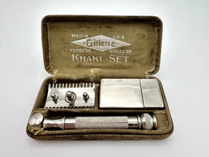 Gillette 1918 USA WWI Military Khaki Safety Razor Set Serial # F703416 - Picture 1 of 21