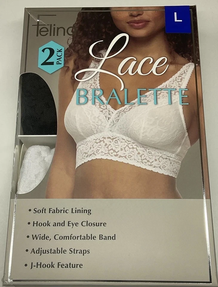 Felina Black White Women's L 2 Pack Lace Bralette Adjustable Straps