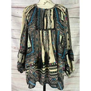 Top túnica Democracy borla cuello atado mujer M malla panel plisado boho campesino fluido - Imagen 1 de 11