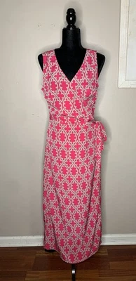 Banana Republic Women’s Pink Long Maxi Wrap Dress Sz 12 V-Neck Geometric Summer - Image 1 of 4