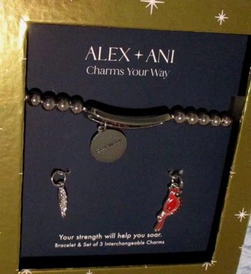 Alex & Ani FUERZA Pulsera Navidad Rojo Cardenal y Pluma Mezcla + Dijes a Juego Foto 1 de 2