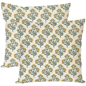 Block Print Throw Pillow Covers 18x18 Inch Set of 2 Green and Yellow Floral V... - Picture 1 of 8
