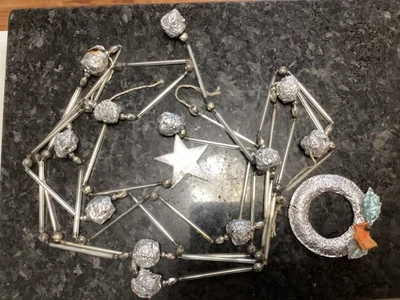 Vintage Christmas 93" Mercury Glass 2 3/8” Tube Beads Garland Foil Star Wreath - Image 1 of 4