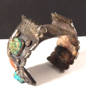 Vtg  “NAVAJO”  Sterling Silver  Turquoise  Watch Cuff Bracelet - 100g Handmade - Picture 1 of 12