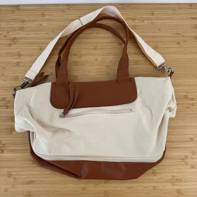 Graf Loniz Canvas Leather Trim Shoulder Bag Tote Top Handle Crossbody Beige - Image 1 of 4