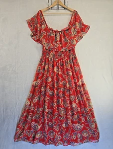 Old Navy Dress Womens Medium Red Paisley Boho Maxi Smocked Ruffle Cowgirl Tiered - Picture 1 of 12