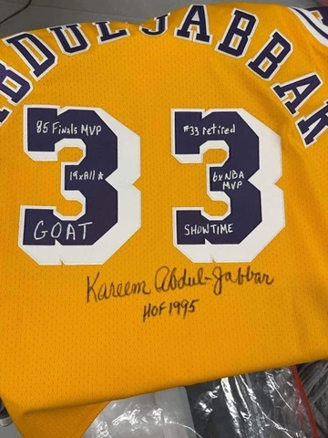 Kareem Abdul Jabbar Signed/Inscribed Authentic Mitchell & Ness Lakers Jersey Cover