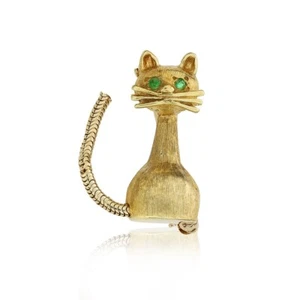 14K Yellow Gold Cat Brooch with Articulated Tail and Emerald Eyes GP-3085-C - Picture 1 of 4