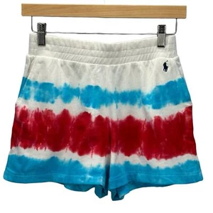 Polo Ralph Lauren Kids Elastic Waist 100% Cotton Tie Dye Shorts - White Red Blue - Picture 1 of 8