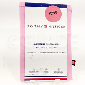 TOMMY HILFIGER Signature KING PILLOWCASES Pink Cotton Percale New - Picture 1 of 5