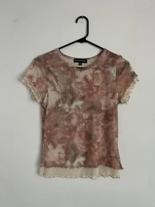 Almost Famous Girls Medium Pink Floral Sheer Mesh Layered Short Sleeves - Picture 1 of 4