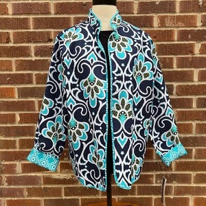 Alfred Dunner NWT Women Reversible Multicolor Aqua Blue Open Cardigan Top Sz 14 - Picture 1 of 8