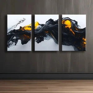 3pcs Black And Yellow Liquid Abstract Wall Art Canvas Unframed/Framed - Picture 1 of 8