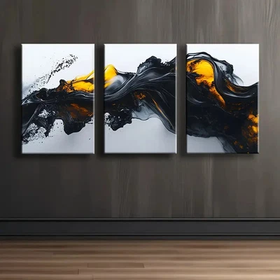 3pcs Black And Yellow Liquid Abstract Wall Art Canvas Unframed/Framed - Image 1 of 4