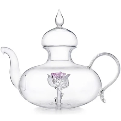 Bule de vidro soprado à mão rosa terrestre com botão de rosa rosa tridimensional (40o... - Imagem 1 de 4