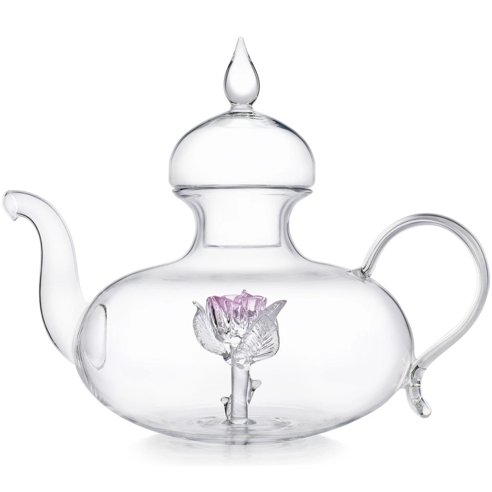 Tetera de vidrio soplado a mano Earthly Rose con rosebud rosa tridimensional (40º... Foto 1 de 4