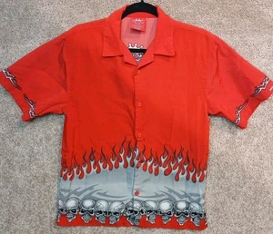 Vintage JNCO M Fire Red Flame Skull Tee Shirt USA Wrap Around Button Up Collared - Picture 1 of 8