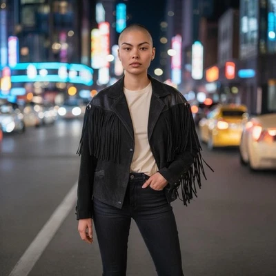 Bermans Lg Thinsulate с подкладкой кожи замши укороченный Western бахрома мотоциклетная куртка - Изображение 1 из 4