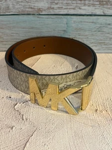 Michael Kors MK Logo Belt Gold Buckle Signature Monogram Brown/Vanilla Size S Ne - Picture 1 of 4