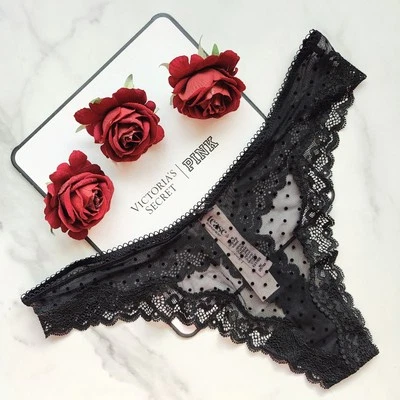 Victoria's Secret Tease Mesh Lace-Trim High-Leg Thong Panty Black SZ M/L/XL - Image 1 of 4