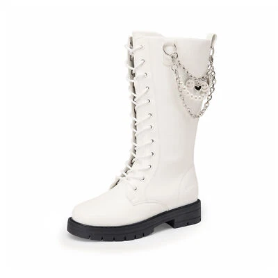 US Girls Riding Boots Knee High with Pearl Chain Boots Side Zipper Combat Boots - Image 1 of 4