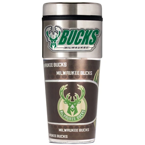 MILWAUKEE BUCKS 16 OZ STAINLESS STEEL COFFEE TRAVEL MUG WITH METAL EMBLEM Cover