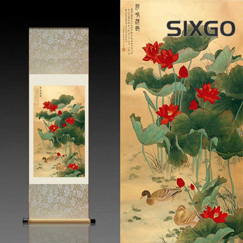 Chinese Silk Scroll Painting Mandarin Ducks Red Lotus Home Decoration(鸳鸯红荷) - Image 1 of 2