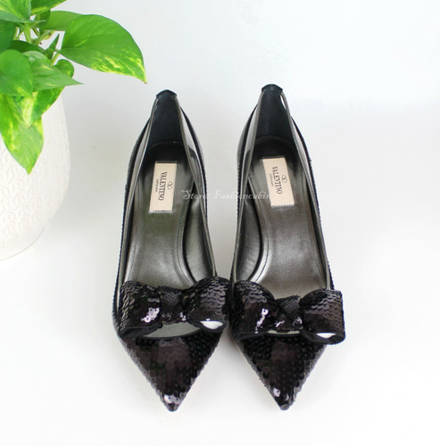 NUOVO Valentino Paillettes Fiocco Pump Nero Runway Tacchi Festa Eventi Data EUR 38