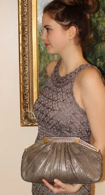 Judith Leiber AGUA PIEL DE SERPIENTE GRIS CON MARCO HOMBRO Bolso Cartera EMBRAGUE GRIS HUMO Foto 1 de 4