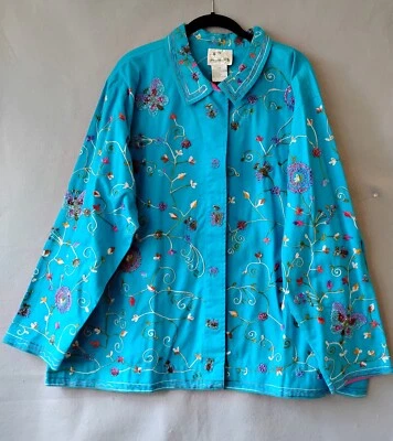 Quacker Factor Blue Embroidered Boho Jacket Beaded Funky Plus sz 2X 22 24 NWT - Image 1 of 4