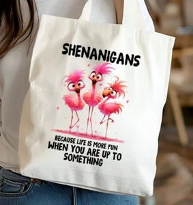 Funny Flamingos Shenanigans Canvas Tote Bag Gift Christmas Stocking Filler Fun - Picture 1 of 2