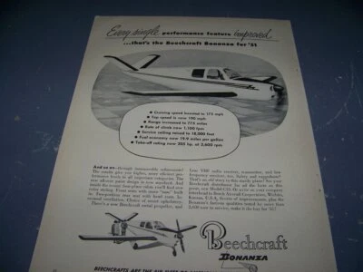 1951 BEECHCRAFT C35 BONANZA "BONANZA FOR '51.."..1-PAGE SALES AD..(852X) - Image 1 of 2