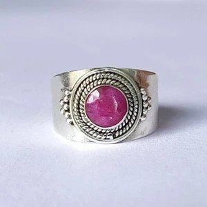 Faceted Pink Ruby Round Gemstone 925 Sterling Silver Wide Band Ring Gift For Him - Picture 1 of 11