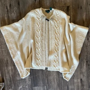 Lauren Ralph Lauren Hand Knit Wool Poncho Size 1 Chunky Cable Open Sides Cream - Picture 1 of 10